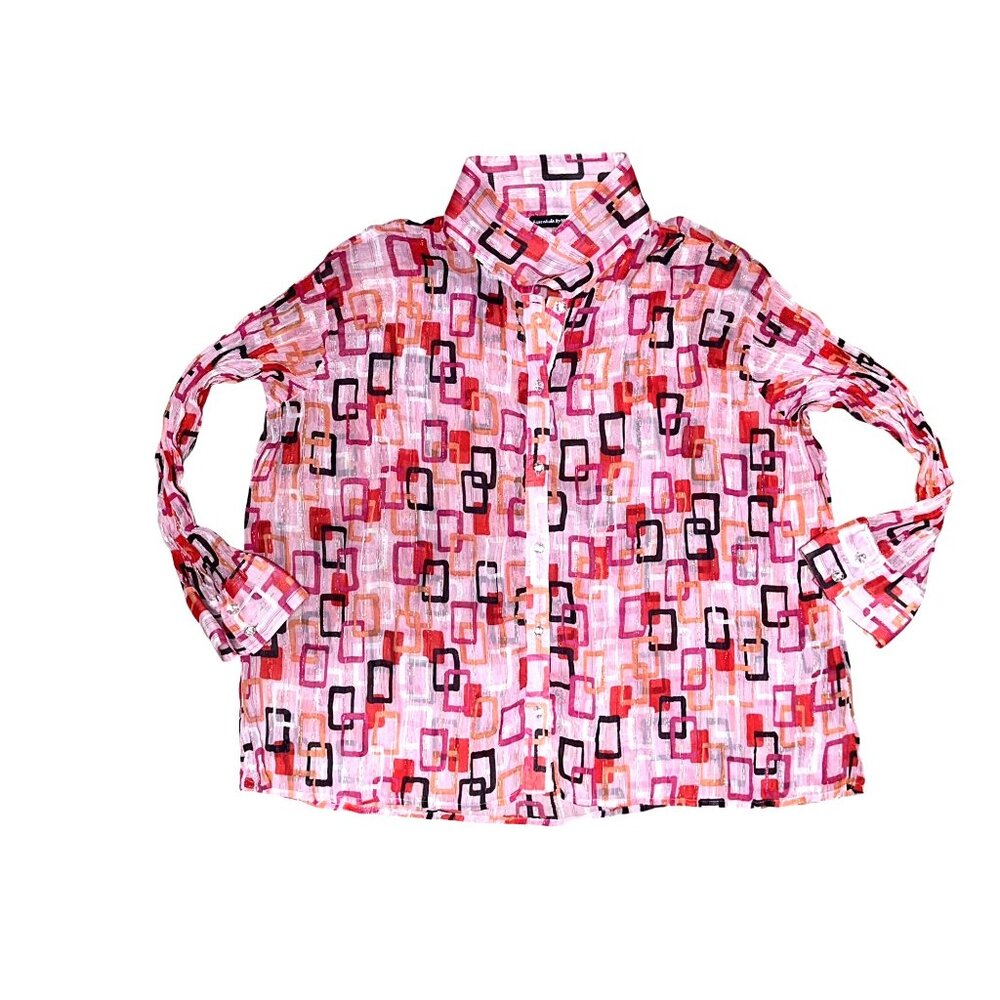 Essentials By Milano XL Pink Geometric Button Up Blouse Retro Cityworkcore - Picture 11 of 11